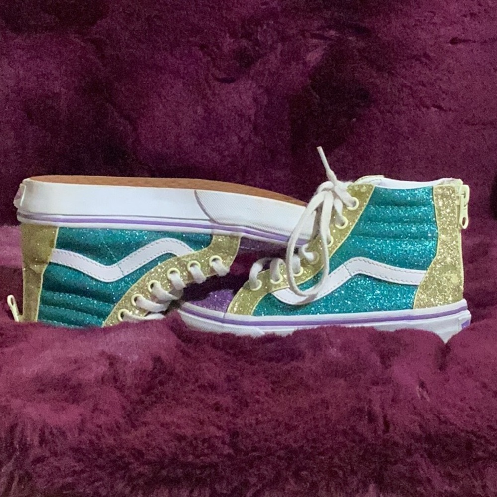 Blue purple and yellow glittery shoes